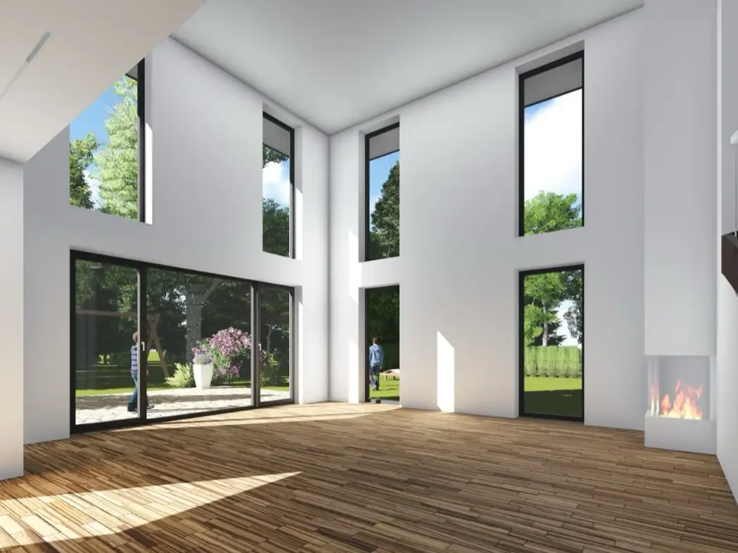 Visualisierung eines hohen Wohnraums mit bodentiefen Fenstern und Kamin