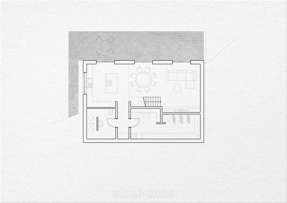 Grundriss Gartengeschoss – Einfamilienhaus am Hang BN21, Planung Neufeld & Neufeld