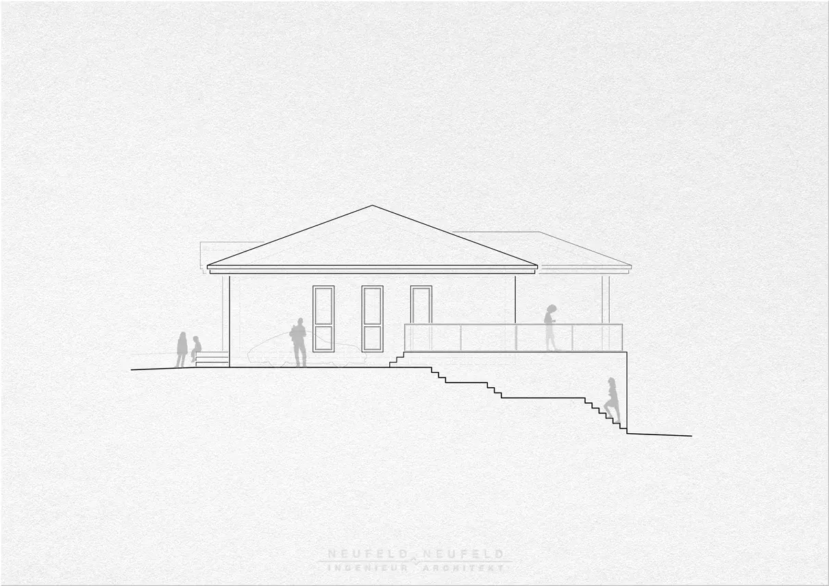 Ansicht zum Hang – Bungalow am Hang DL21, Planung Neufeld & Neufeld
