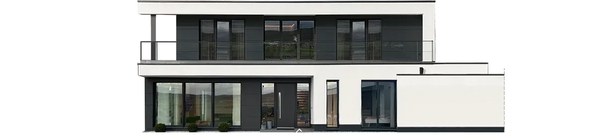 Ansicht des Einfamilienhauses ES19: weißer Flachdachbau mit dunklen Fensterbändern und Dachterrasse