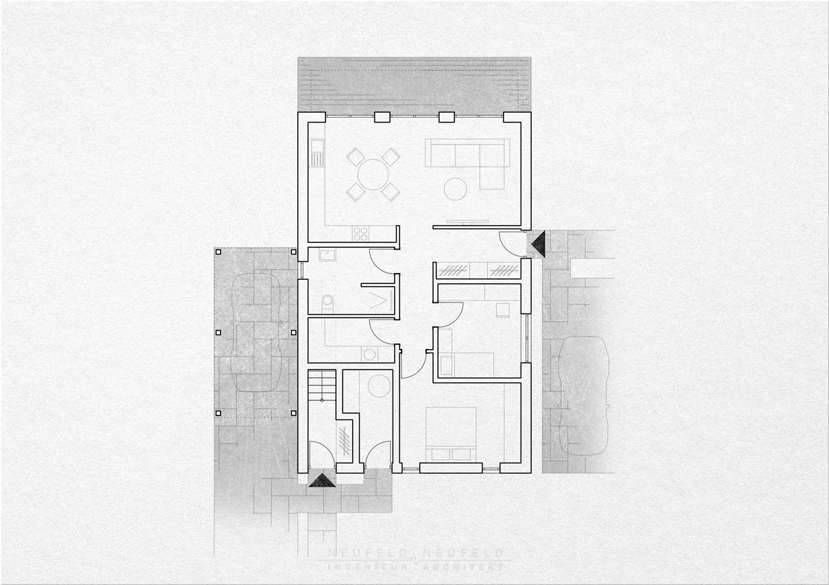 Grundriss Erdgeschoss – Zweifamilienhaus FK19, Planung Neufeld & Neufeld