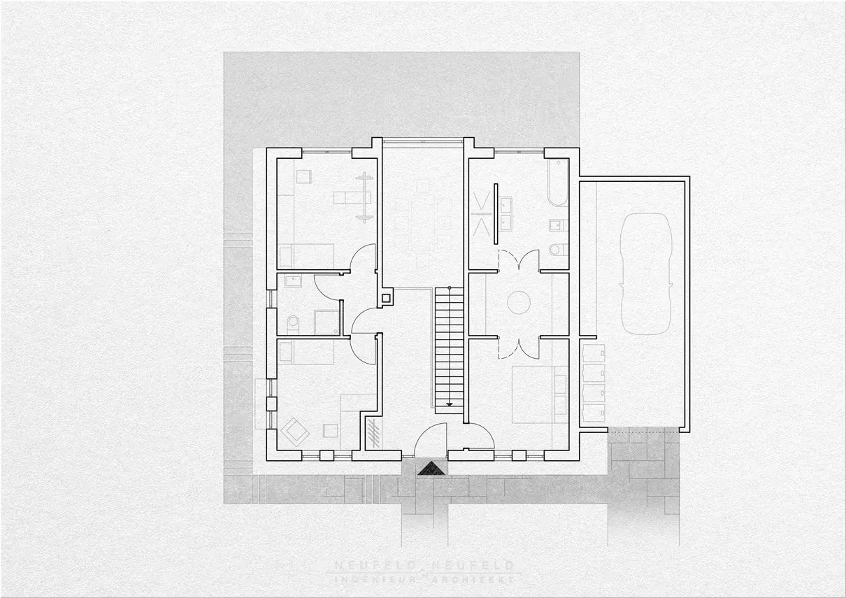 Grundriss Eingangsgeschoss – Einfamilienhaus am Hang GL21, Planung Neufeld & Neufeld