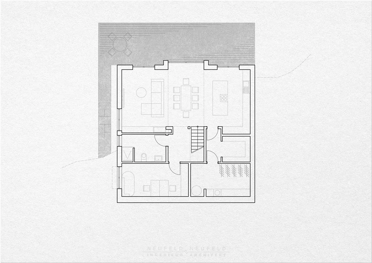 Grundriss Gartengeschoss – Einfamilienhaus am Hang GL21, Planung Neufeld & Neufeld