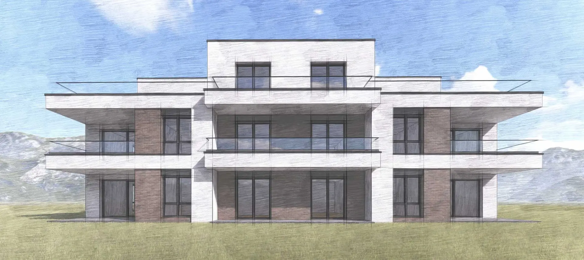 Skizzenhafte Visualisierung von LT23: Mehrfamilienhaus mit Klinker, Putz und umlaufenden Balkonen