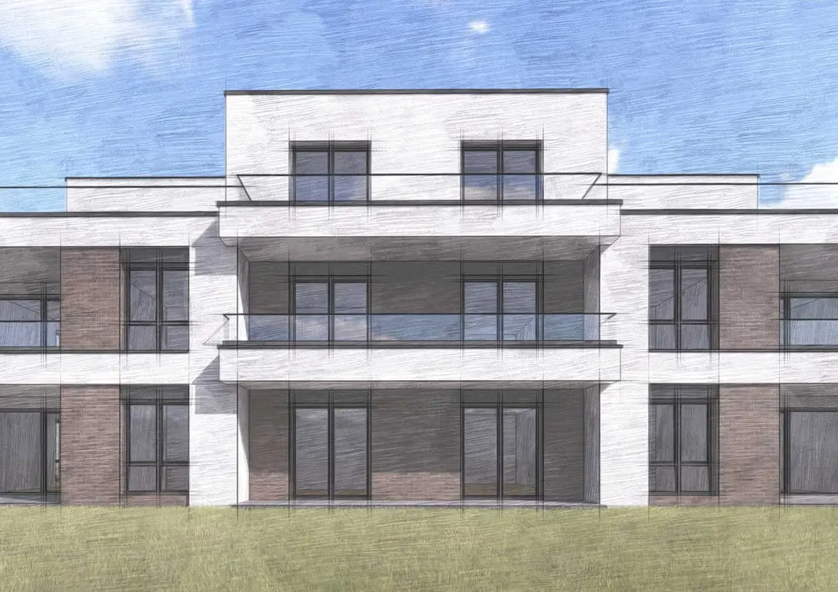 Skizzenhafte Visualisierung von LT23: Mehrfamilienhaus mit Klinker, Putz und umlaufenden Balkonen