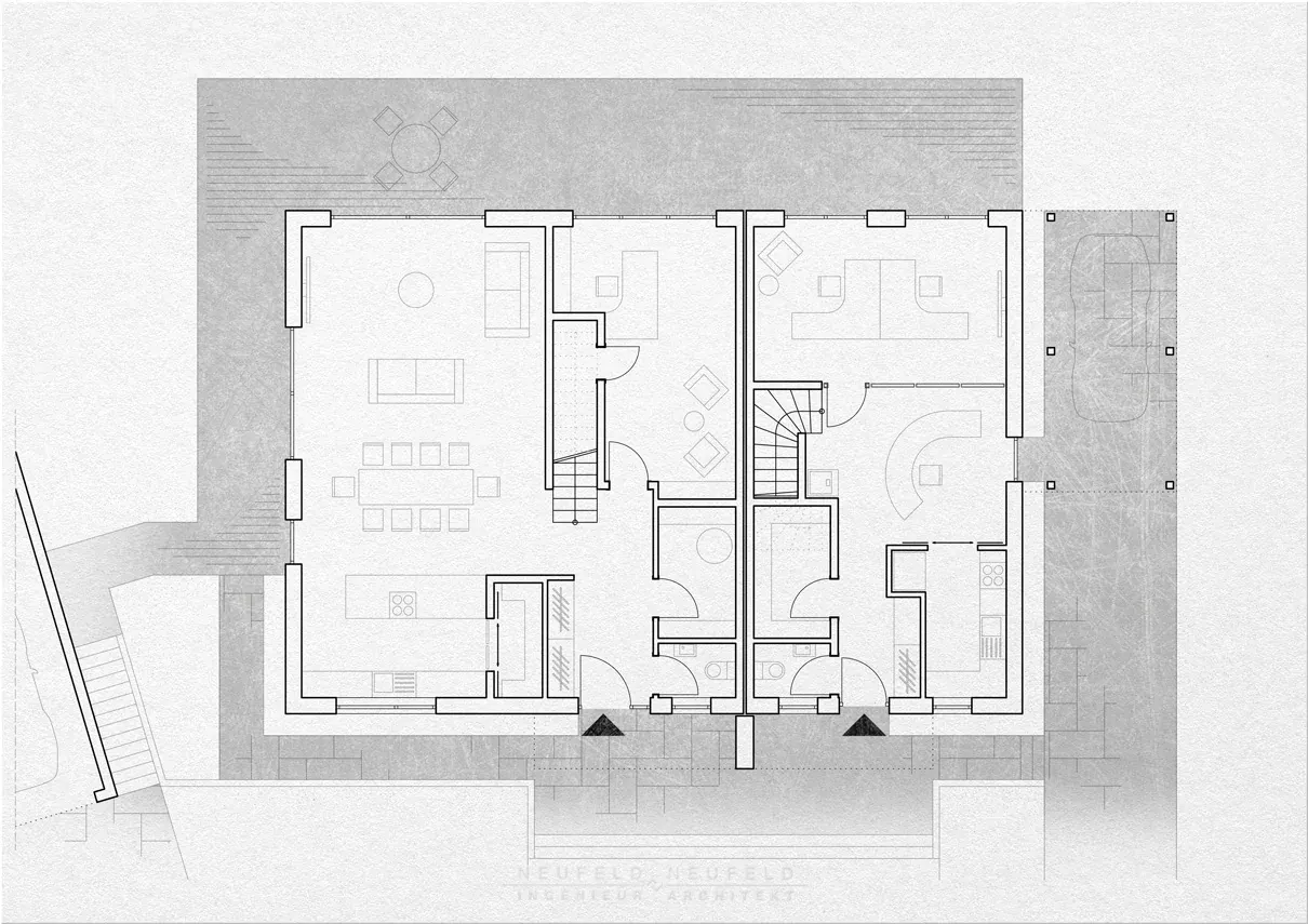 Grundriss Erdgeschoss – Zweifamilienhaus NF22, Planung Neufeld & Neufeld