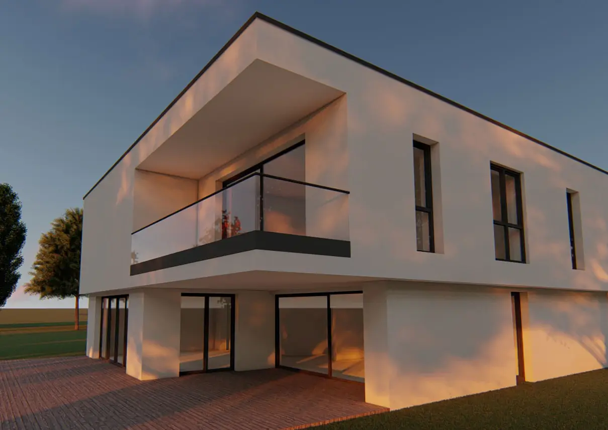 Visualisierung von VT21: weißes Haus mit auskragendem Obergeschoss und Glasbalkon im Abendlicht