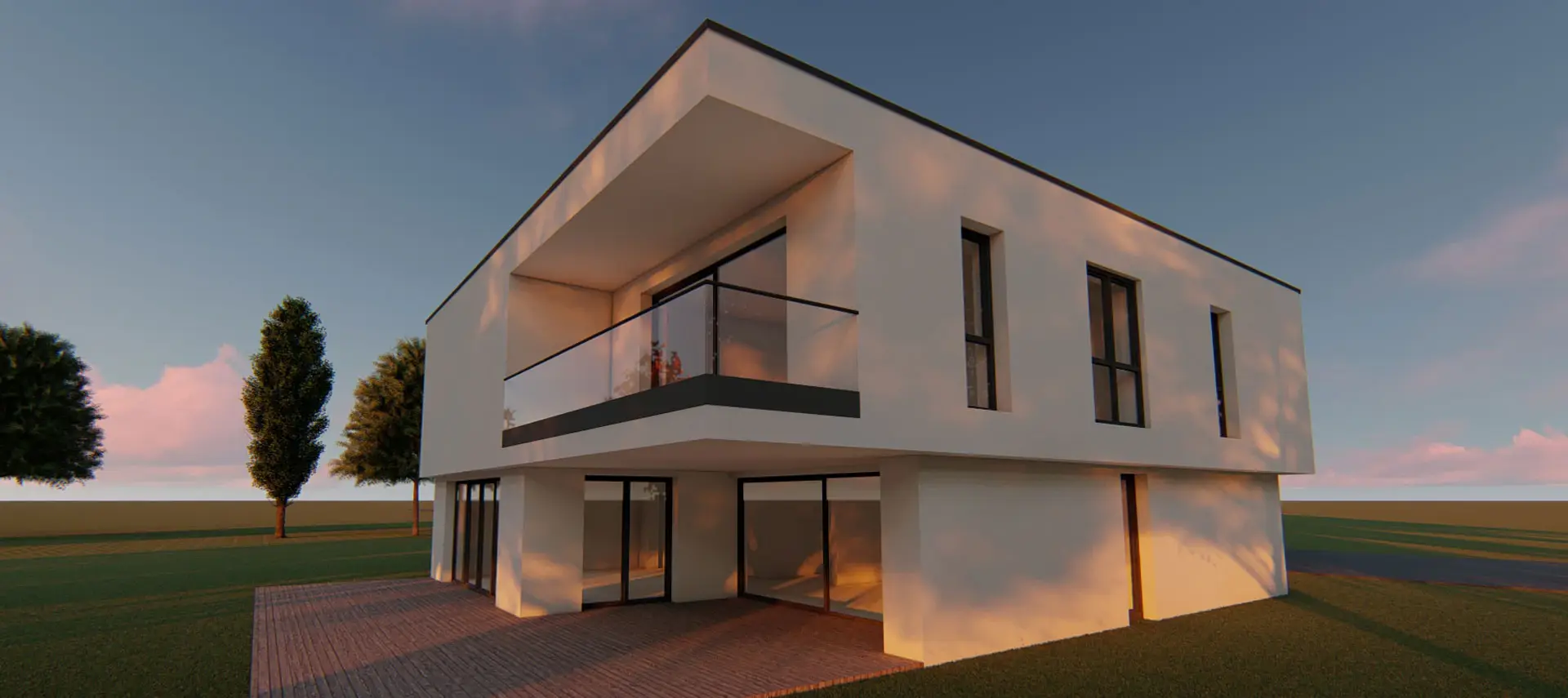 Visualisierung von VT21: weißes Haus mit auskragendem Obergeschoss und Glasbalkon im Abendlicht